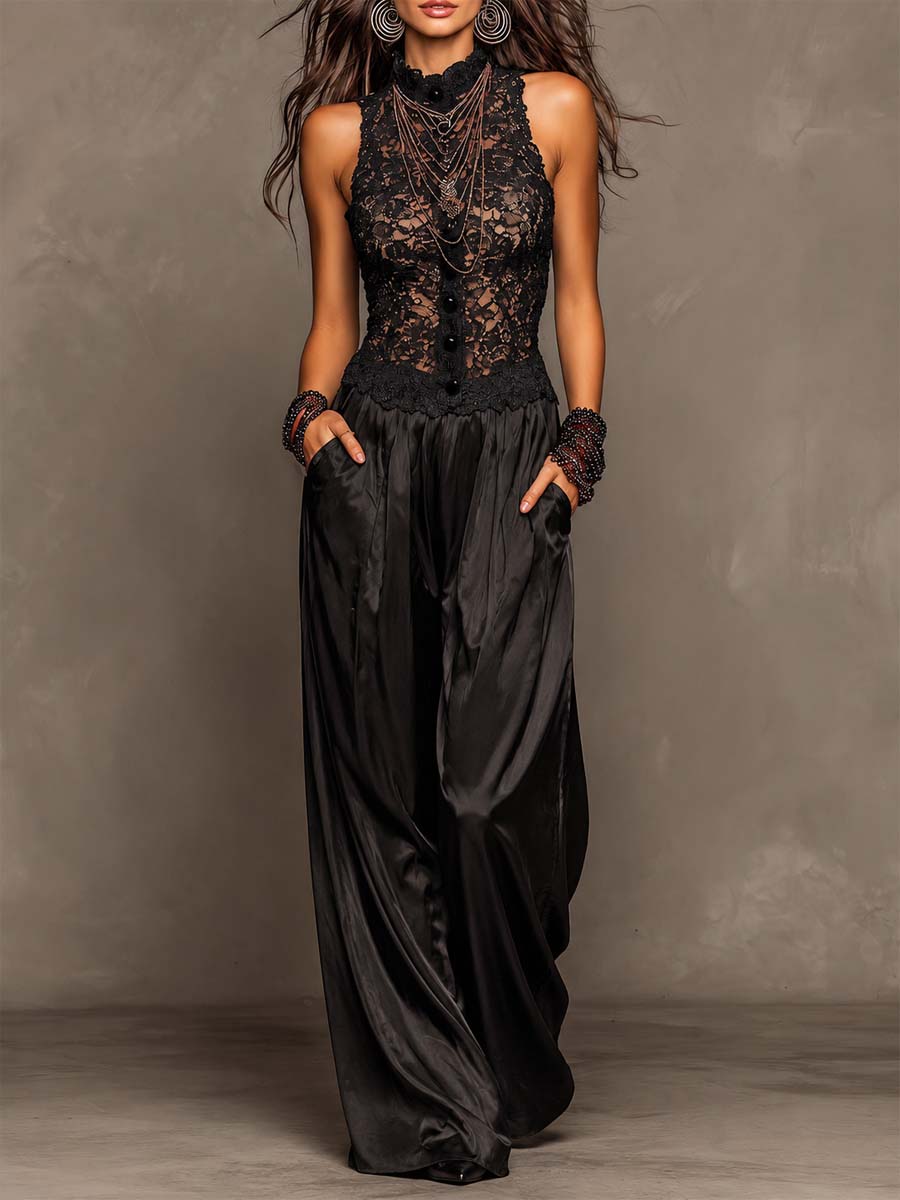 High Neck Lace Spliced Satin Wide Leg Jumpsuit