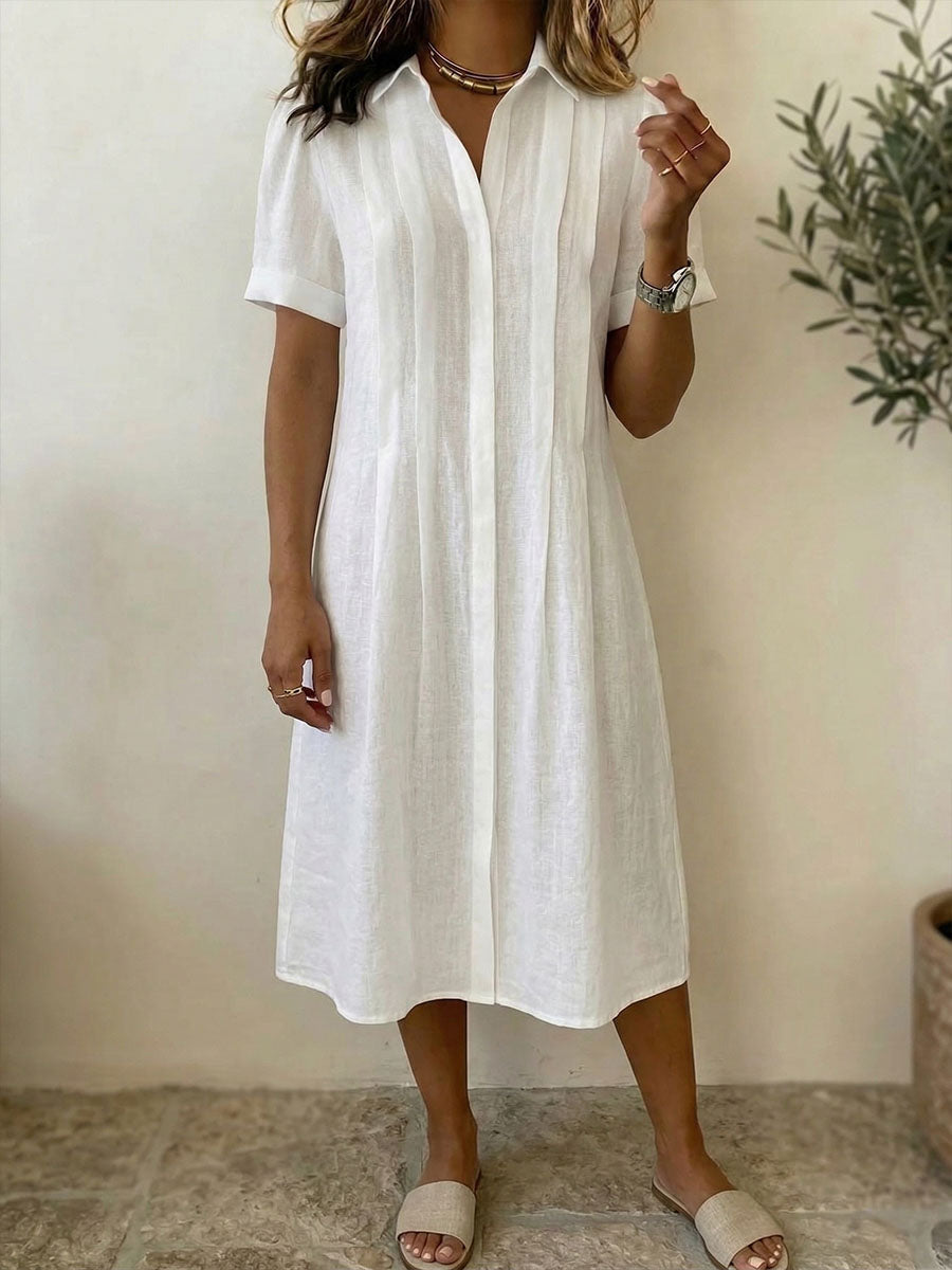 Women's Solid-color Shirt-collar Short-sleeve Casual Loose Cotton-linen Shirt Dress