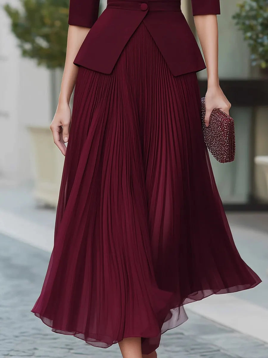 Short-Sleeve Blazer And Pleated Dress Two-Piece Set