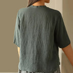 Women's Solid Color V-Neck Buttoned Mid-Sleeve Loose Casual Top
