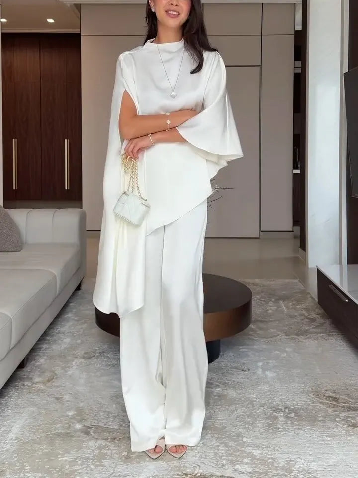 White Satin Irregular Top And Pants Two-piece Set