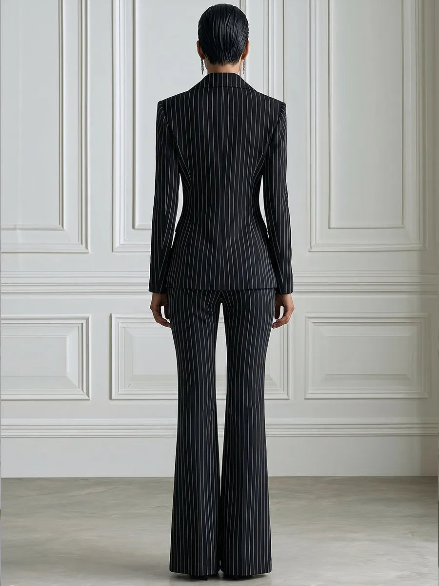 Floral Print Pinstripe Blazer And Flared Trouser Suit