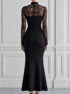 High-Neck Lace Panel Mermaid Maxi Dress