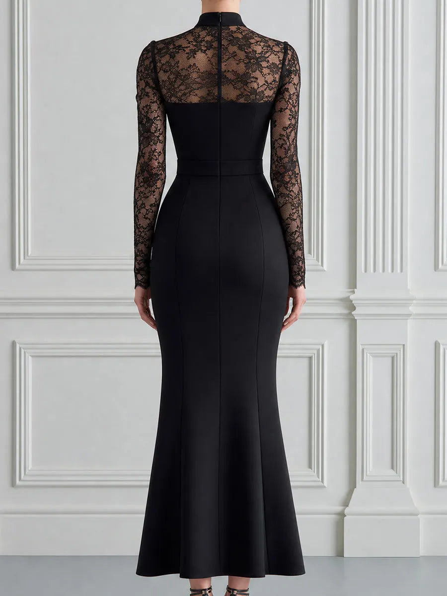High-Neck Lace Panel Mermaid Maxi Dress