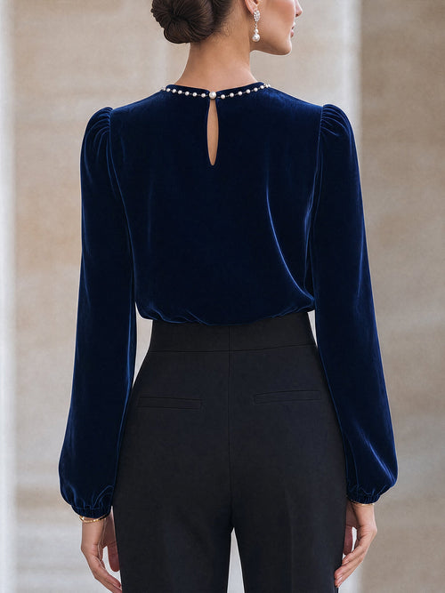 Beaded Neckline Velvet Gathered-Shoulder Top