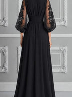 Black Embroidered Mesh Dress Fall Wedding Guest Dress Sheer Sleeve Maxi Dress