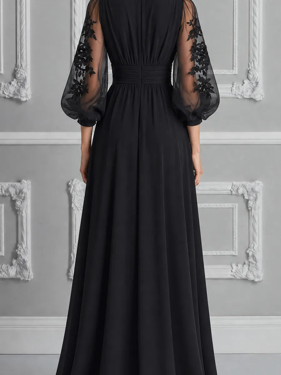 Black Embroidered Mesh Dress Fall Wedding Guest Dress Sheer Sleeve Maxi Dress