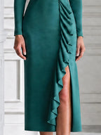 Elegant Ruffle Slit Long Sleeve Sheath Midi Dress