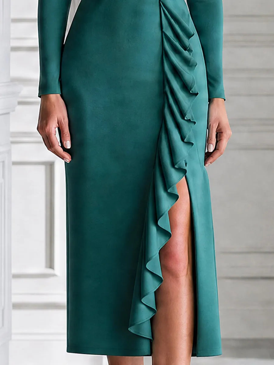 Elegant Ruffle Slit Long Sleeve Sheath Midi Dress