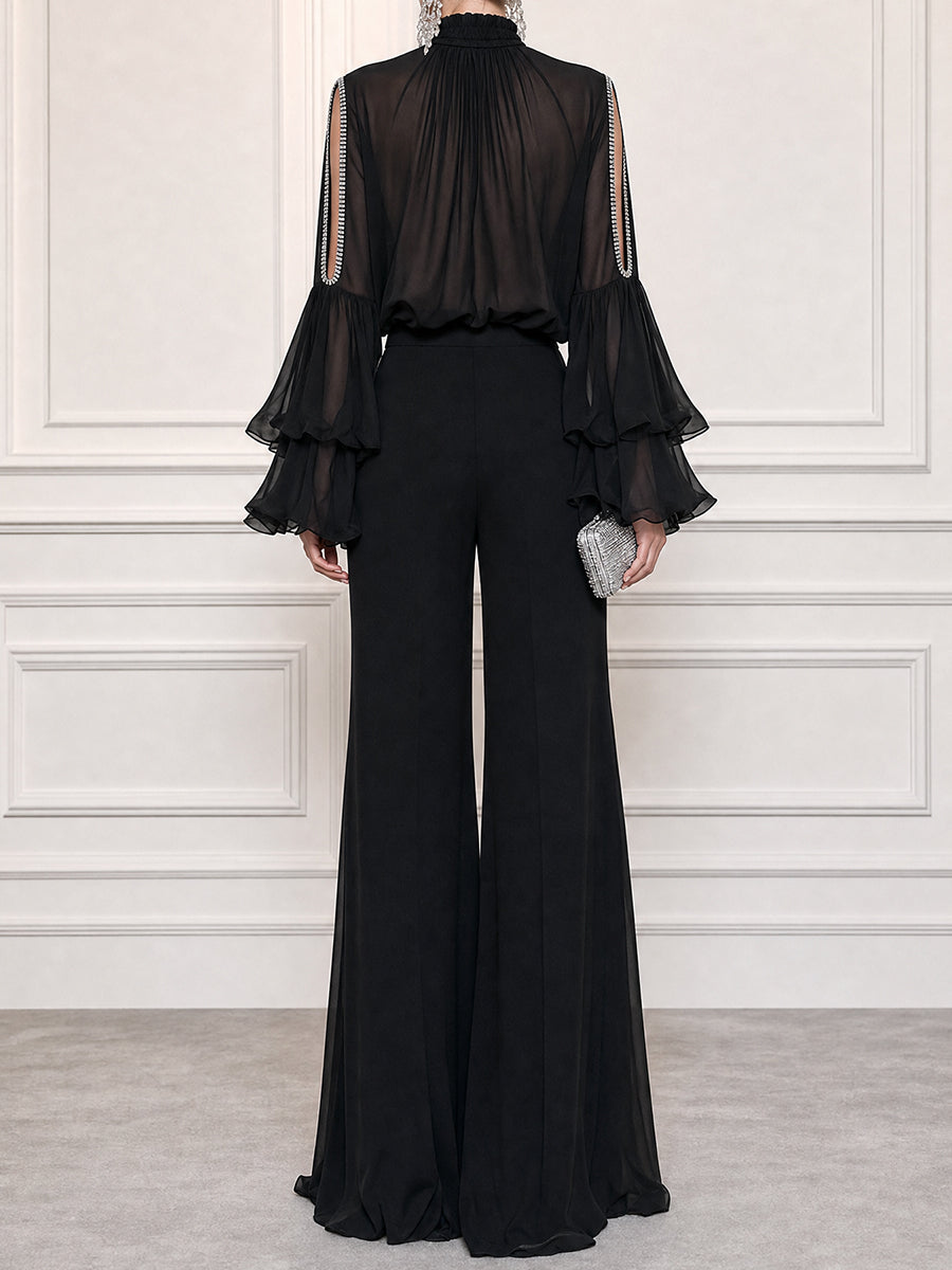 Sheer Chiffon High Neck Cold Shoulder Ruffle Sleeve Blouse with Wide Leg Pants Set