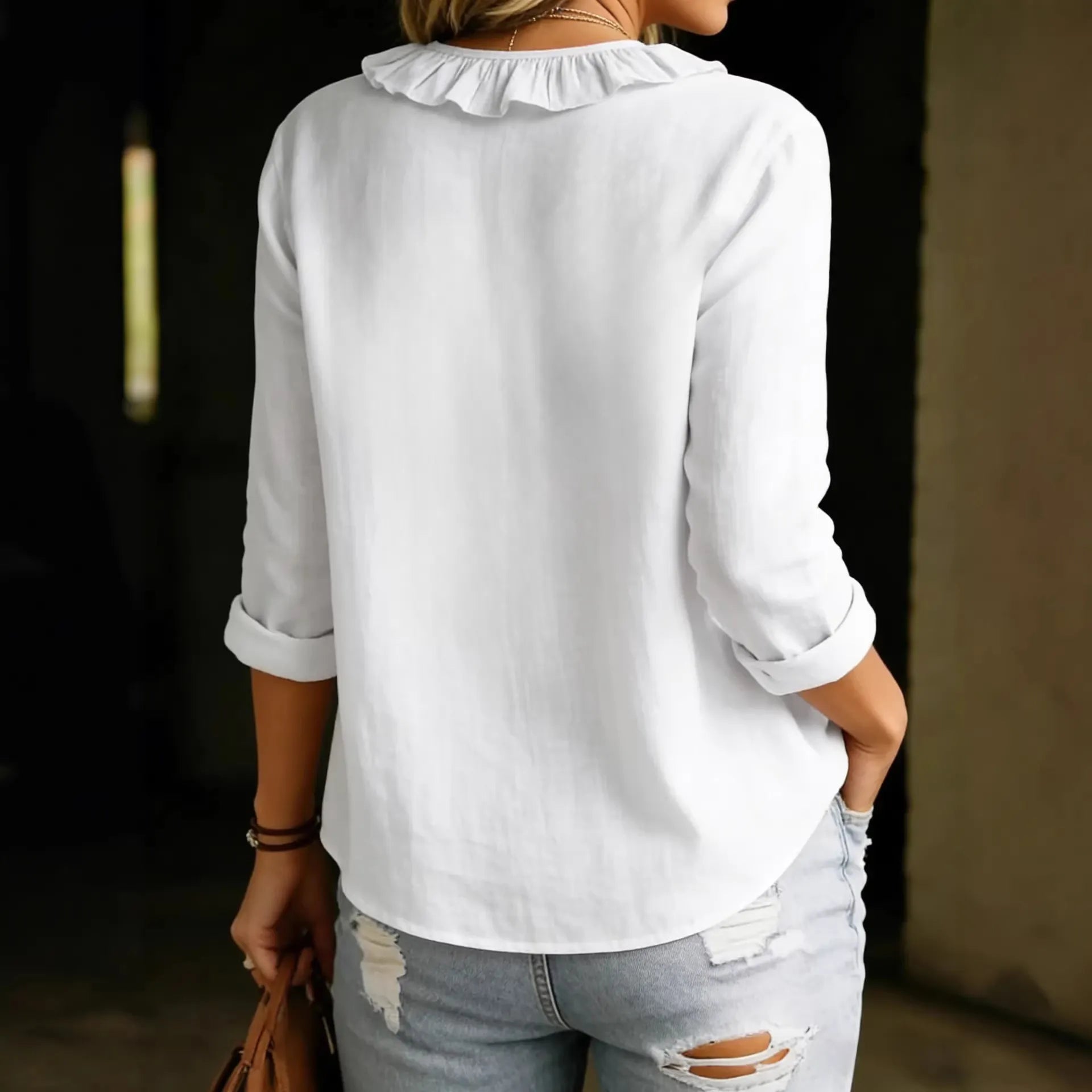 Casual Linen Ruffle Collar Shirt