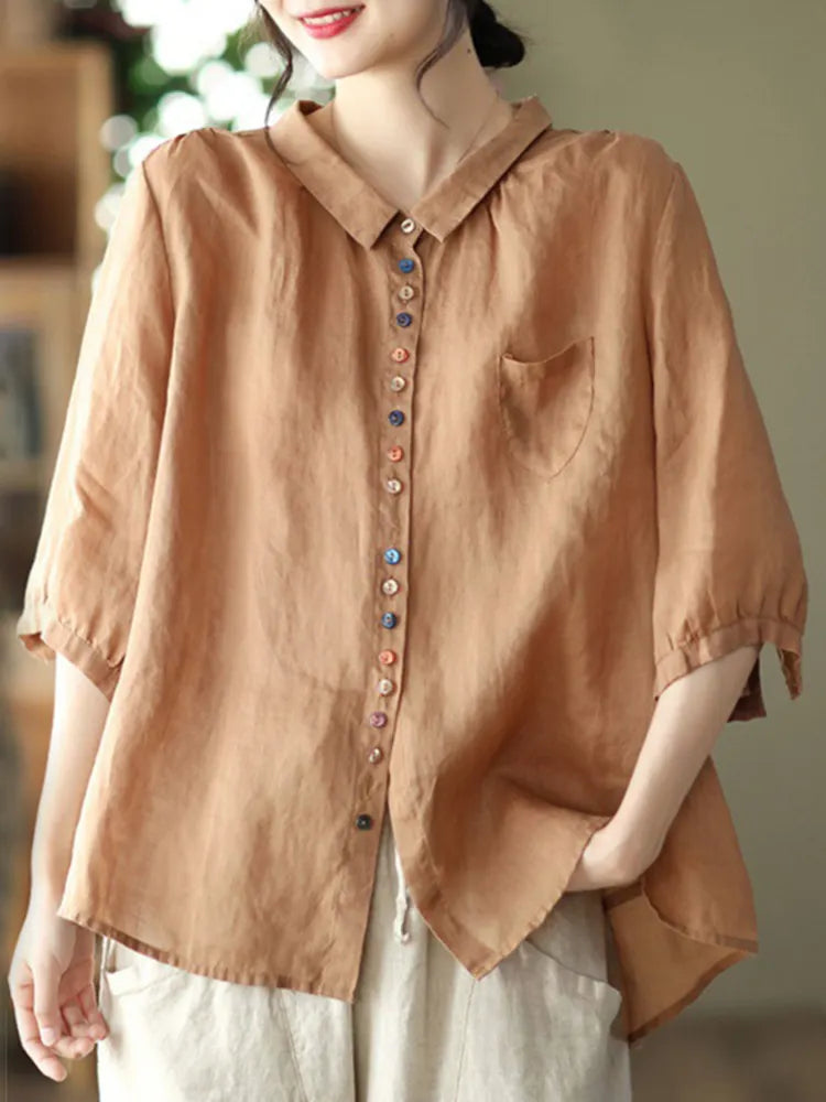 Vintage Colored Buttons Cotton Linen Solid Comfy Blouse