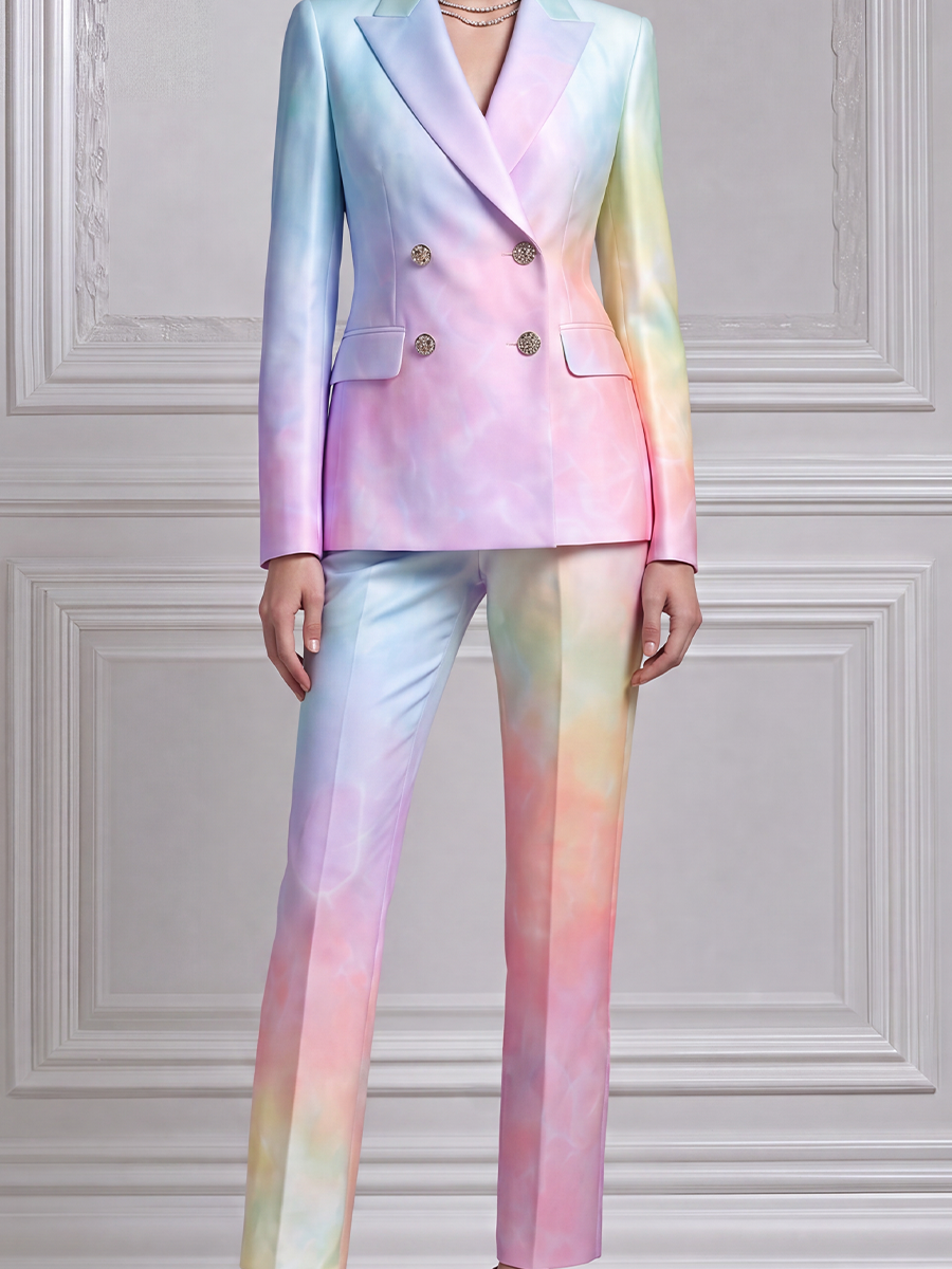Pastel Watercolor Double Breasted Blazer & Flare Pants Set