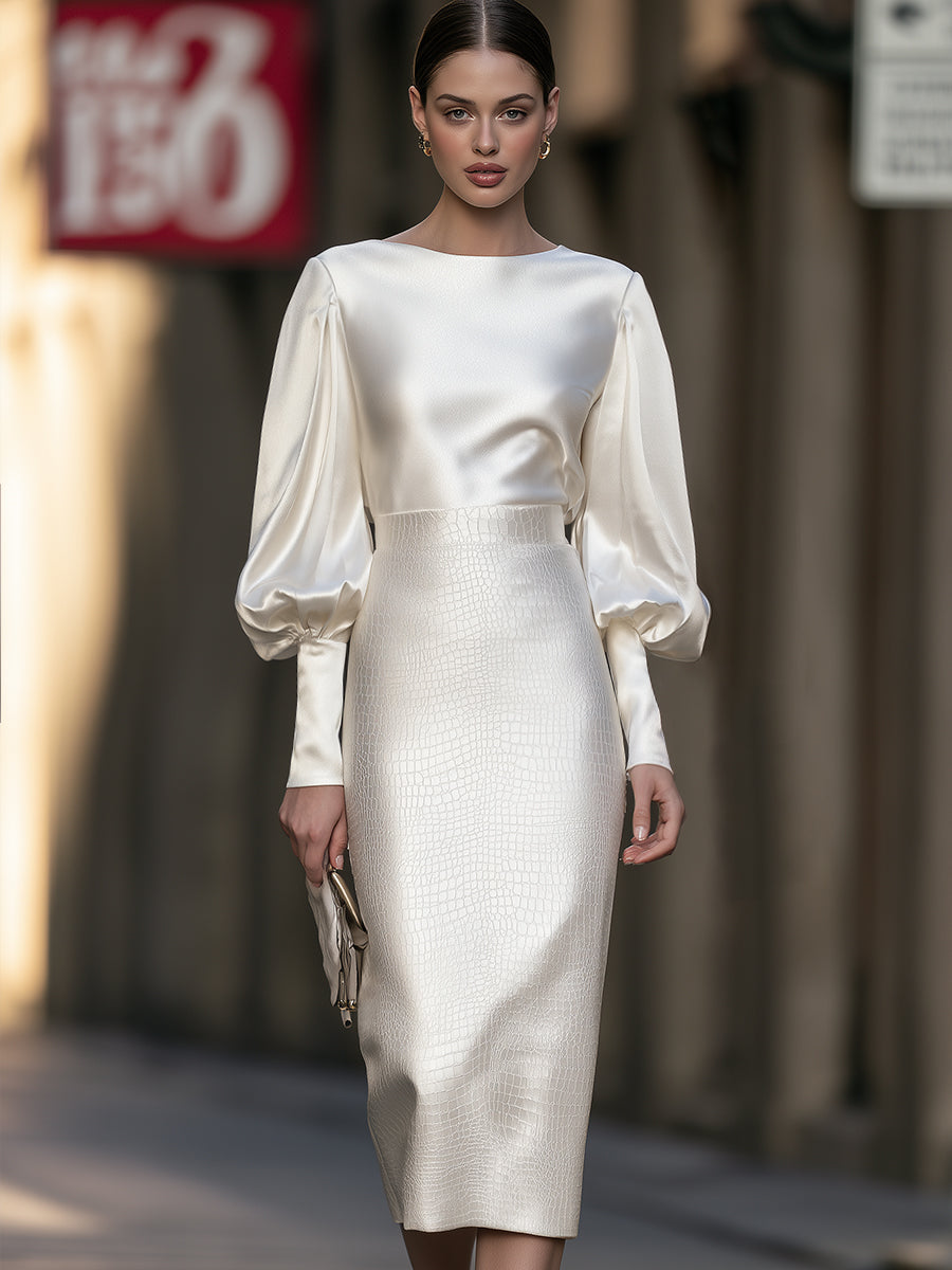 Ivory Satin Puff-Sleeve Top & Crocodile-Embossed Pencil Skirt Two-Piece Set