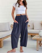Womens Linen Wide Leg Pants Casual Loose Beach Palazzo Harem Pants with Pockets Summer Outfit