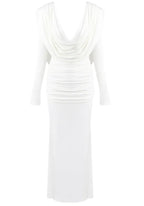 Long Sleeve Draped Backless Maxi Dress White