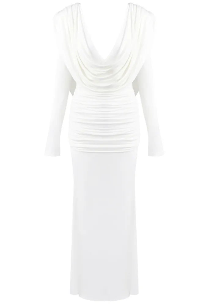 Long Sleeve Draped Backless Maxi Dress White