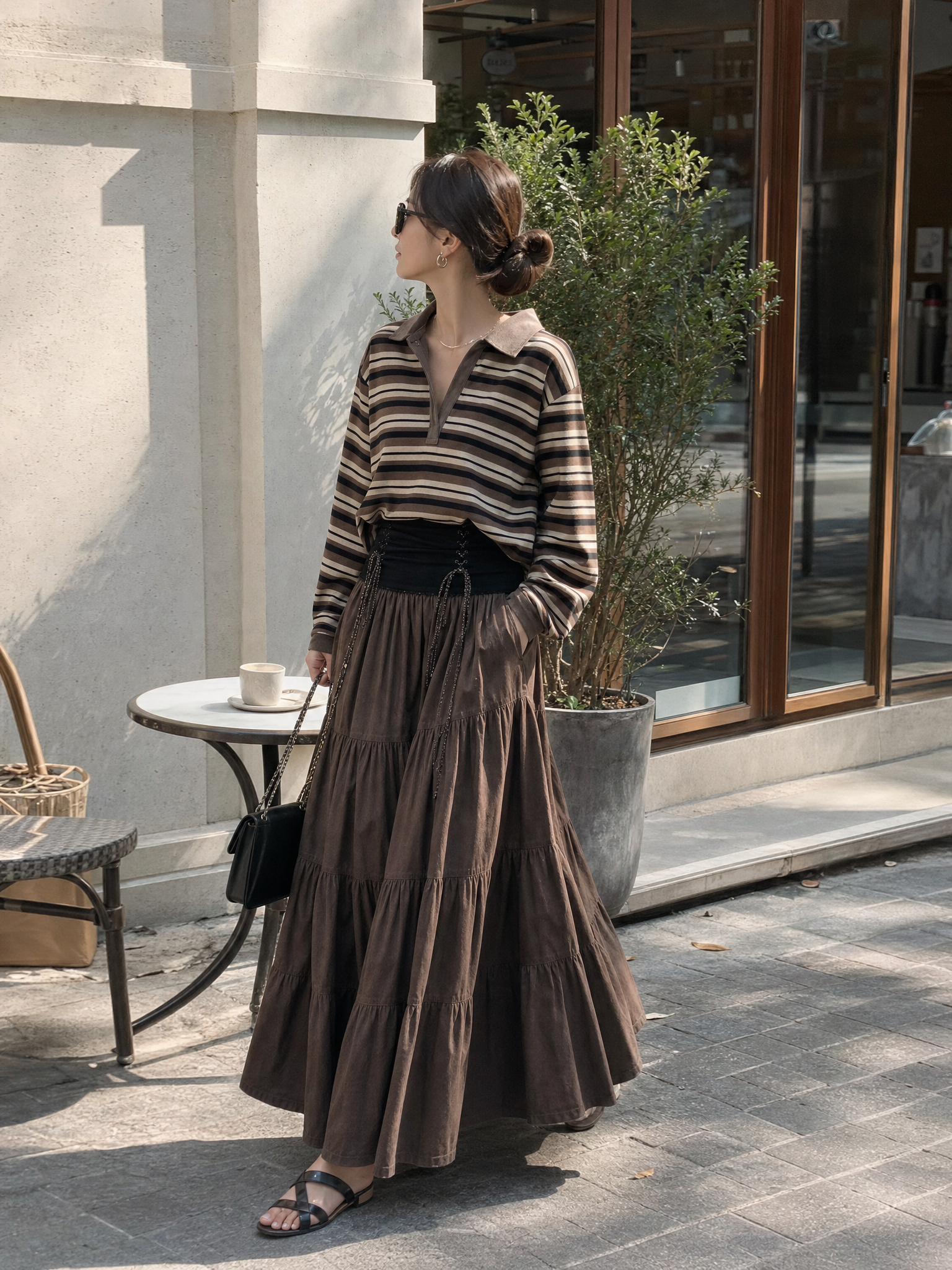 Earthy Boho Striped Polo Top & Tiered Maxi Skirt Set