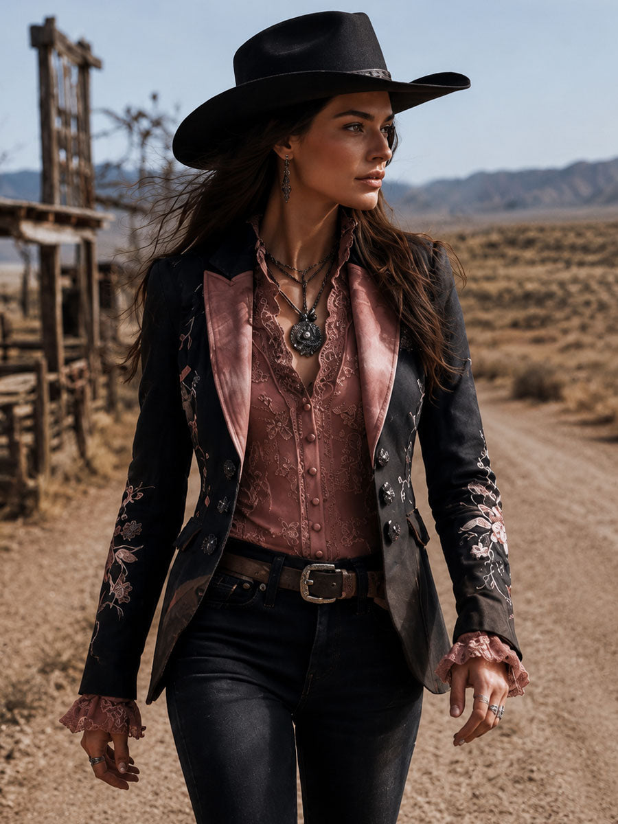 Retro Black Floral Embroidered Pink Satin Lapel Blazer