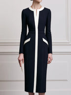 Navy & Ivory Colorblock Long-Sleeve Sheath Midi Dress