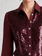 Burgundy Sequin-Front Button-Up Satin Sleeves Shirt