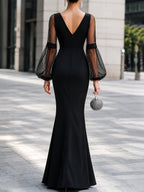 Sheer Puff-Sleeve V-Neck Mermaid Gown