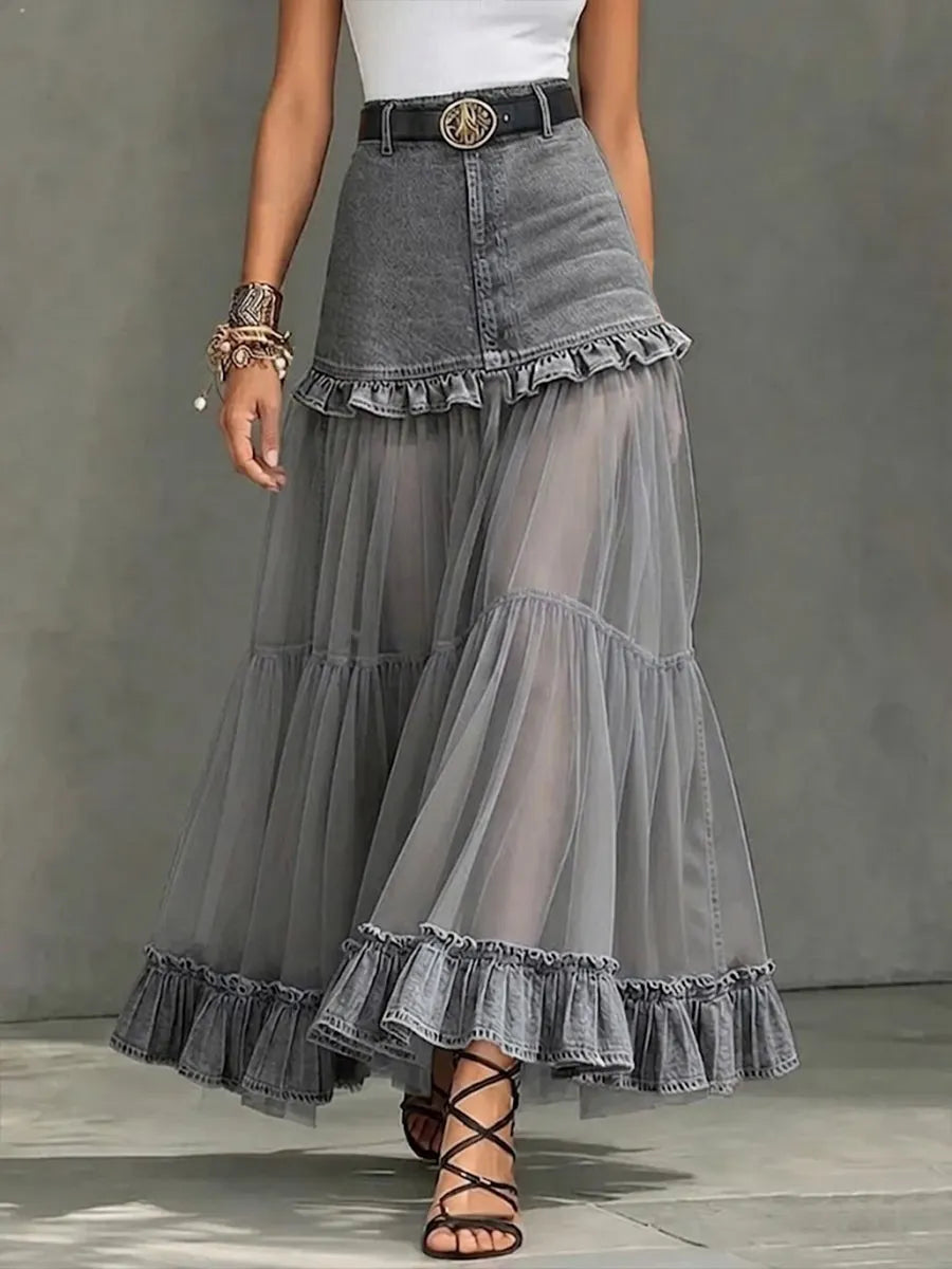 Casual Denim-paneled Chiffon Ruffled Skirt