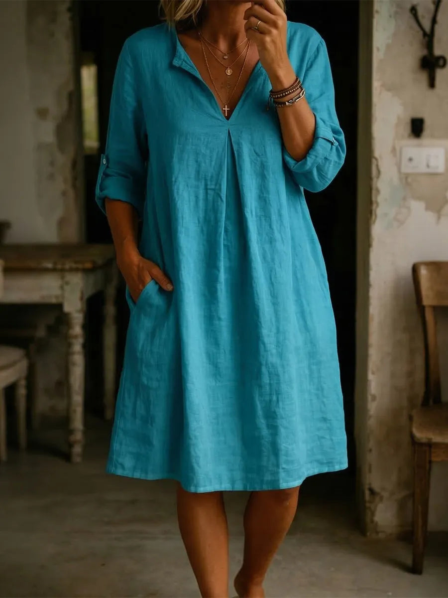 Women's V-neck Pleated Long-sleeve Dress