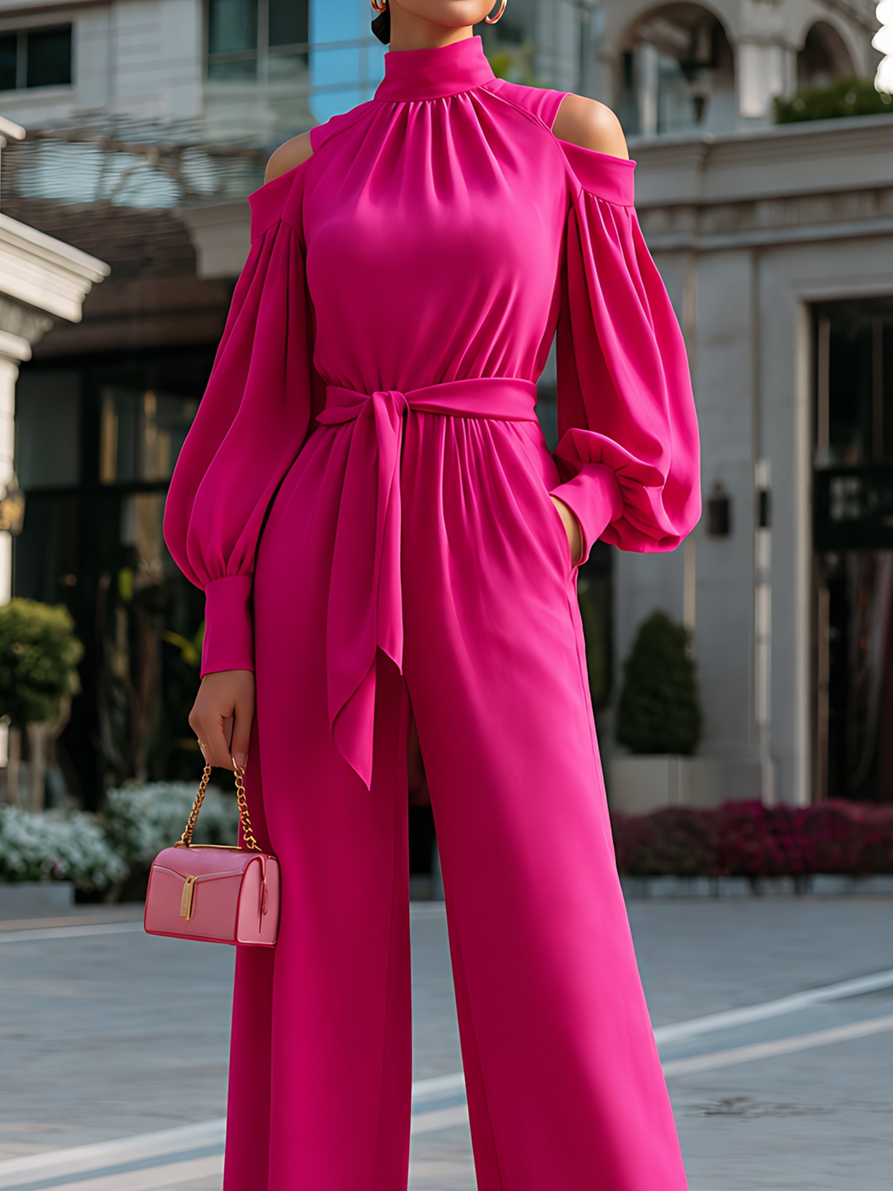 Tie-Waist Cold-Shoulder Wide-Leg Jumpsuit