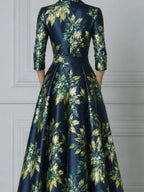 Navy Green Watercolor Floral Print Satin Lapel Fit And Flare Midi Dress