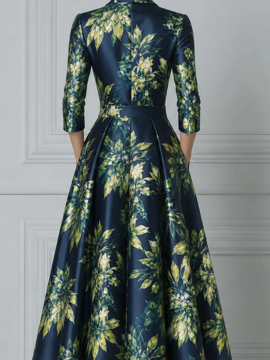 Navy Green Watercolor Floral Print Satin Lapel Fit And Flare Midi Dress