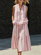Women's Sleeveless Striped Maxi Dress & Zip-up Stand-collar Shirt Two-piece Set