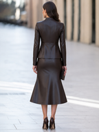 Chocolate Brown Leather Jacket With Mermaid Midi Skirt Set