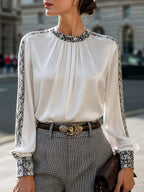 Satin Pleated Snake-Print Trim Blouse