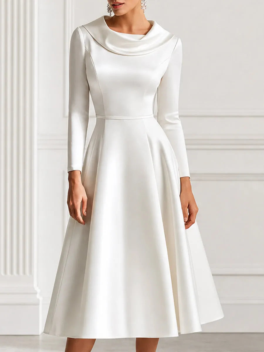 Cowl Neck Satin A Line Midi Wedding Guest Dress