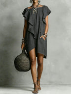 Women's Round-neck Ruffled Cotton-linen Dress
