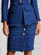 Elegant Royal Blue Tweed Fringe Blazer & Pencil Skirt Set
