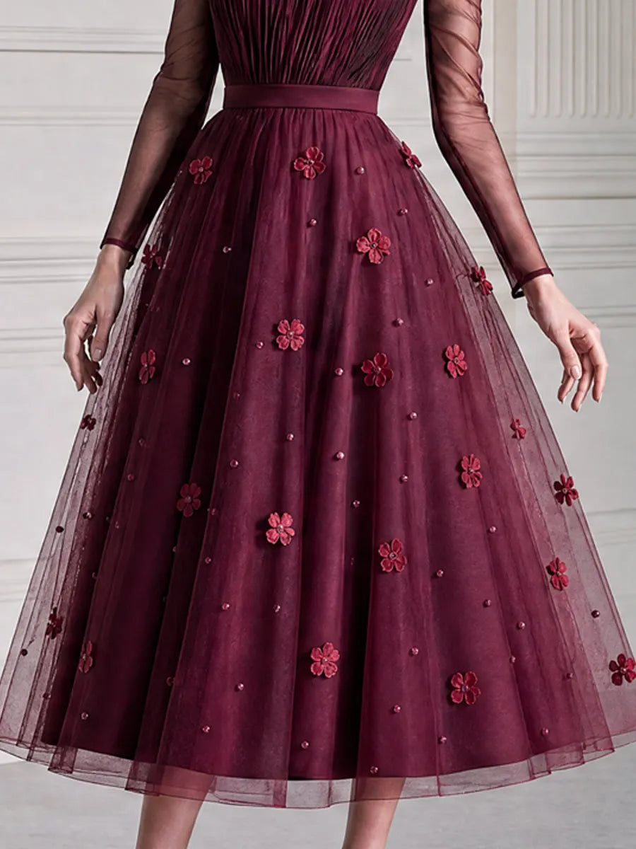 3D Floral Tulle Round Illusion Sheer Sleeve Midi Dress