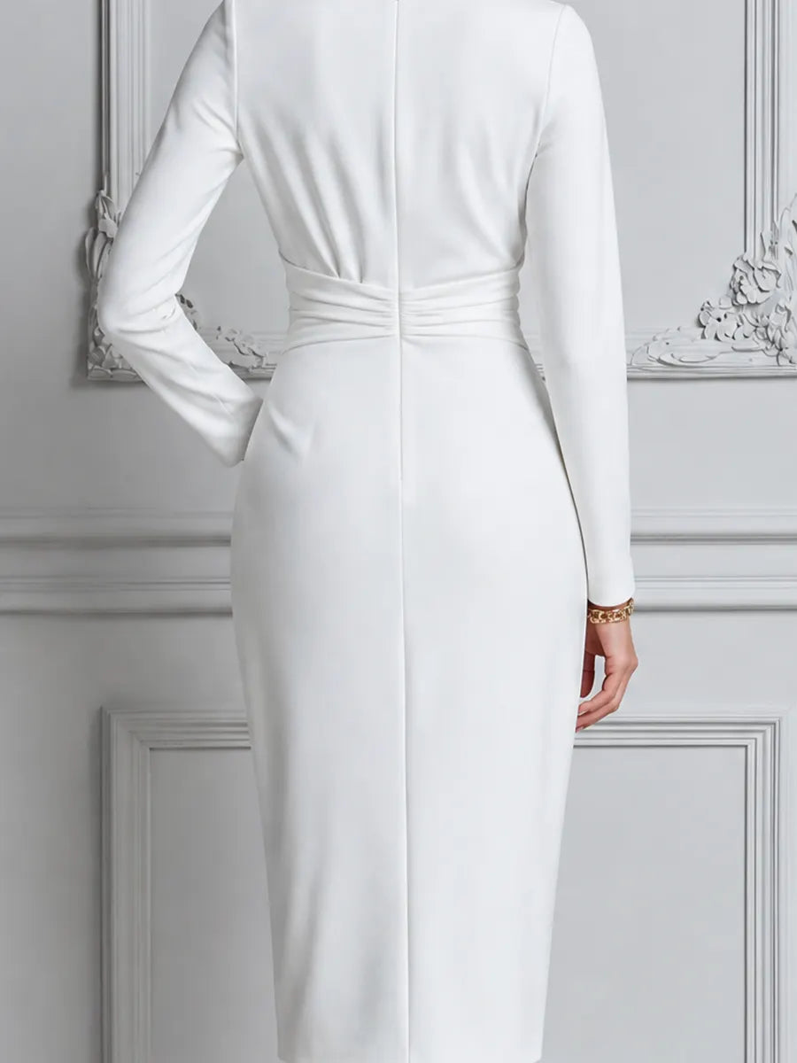 White Dress Ruched Knot Waist Front Slit Pencil Midi Dress