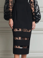 Bateau Neck Floral Lace Balloon Sleeve Sheer-Stripe Hem Bodycon Midi Dress