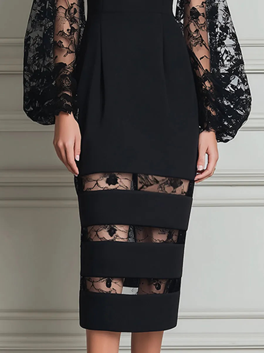 Bateau Neck Floral Lace Balloon Sleeve Sheer-Stripe Hem Bodycon Midi Dress