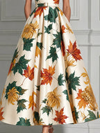 Autumn Maple Leaf Print Belt A-Line Midi Dress