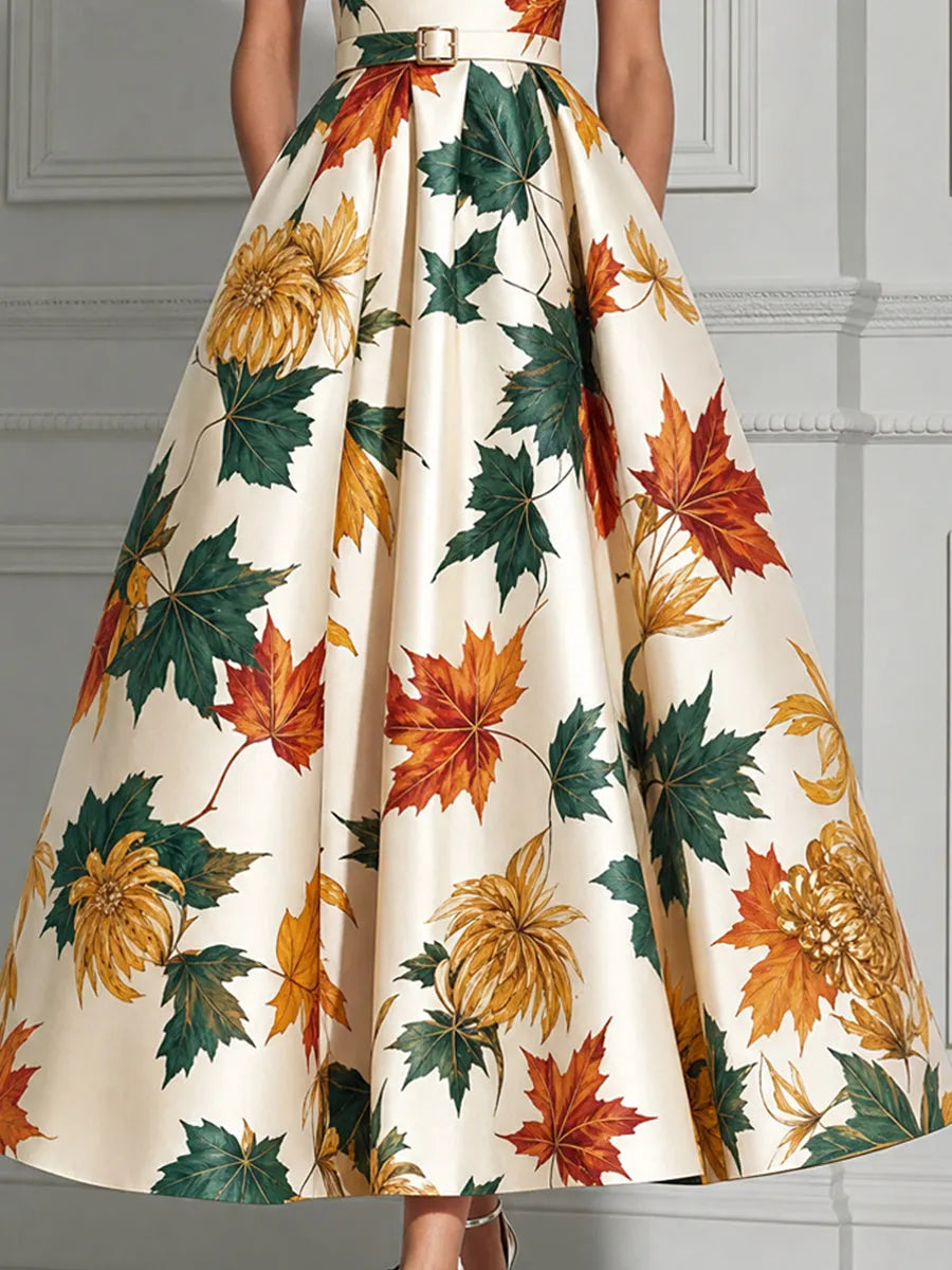 Autumn Maple Leaf Print Belt A-Line Midi Dress