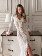 Slim-fit long-sleeve V-neck dress in lace and poly-cotton knit