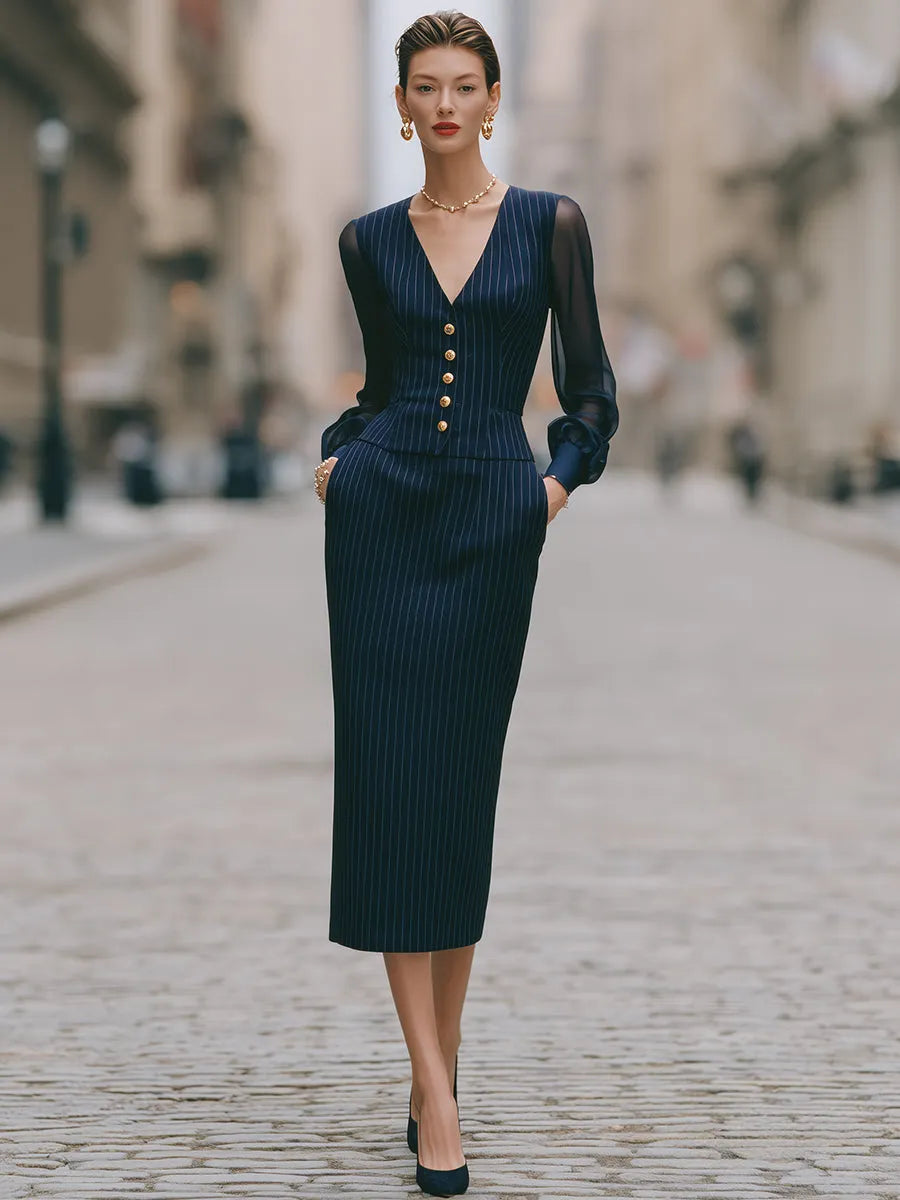 Pinstripe Sheer Sleeve Two-Piece Tailored Set