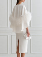 Elegant White Feather Trim Cape Sleeve Bodycon Midi Dress