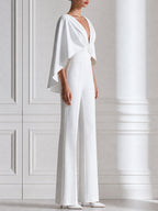 Draped Cape-Sleeve Deep V-Neck Wide Leg Jumpsuit