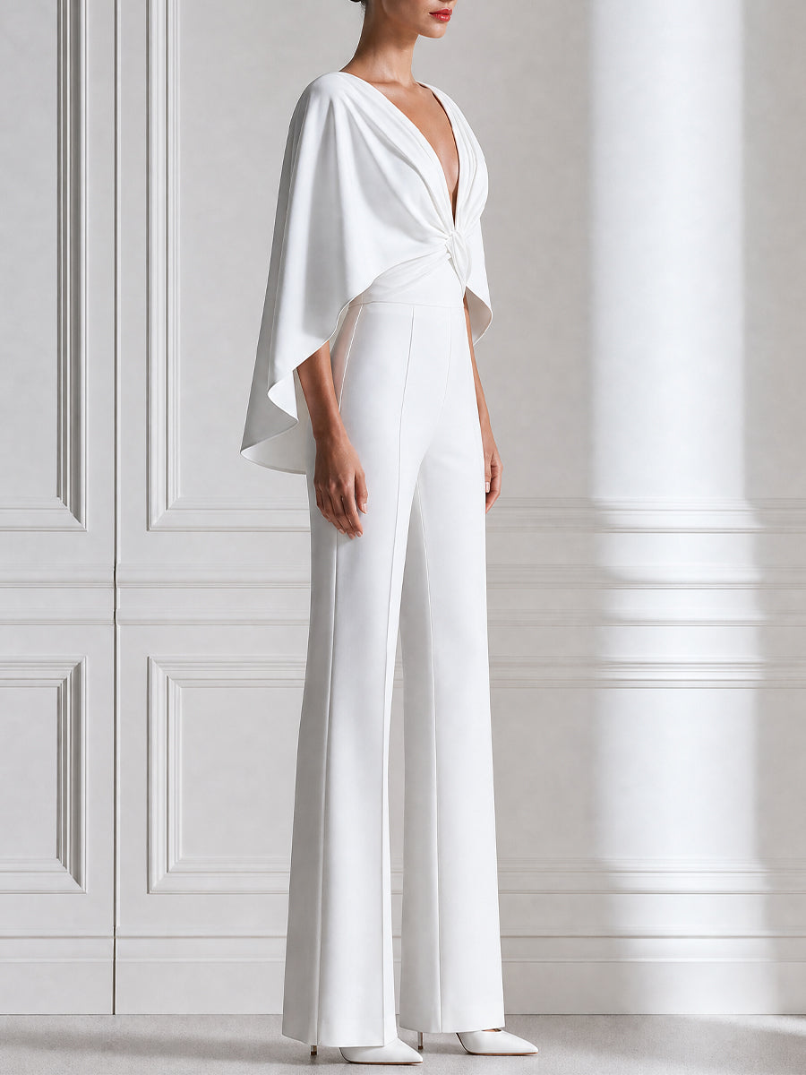 Draped Cape-Sleeve Deep V-Neck Wide Leg Jumpsuit