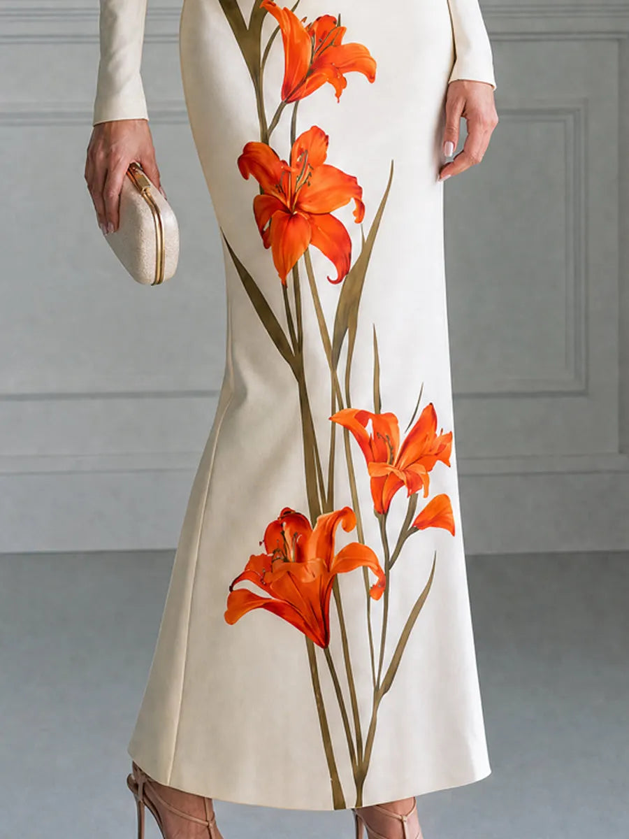Off Shoulder Asymmetrical Orange Lily Print Maxi Gown