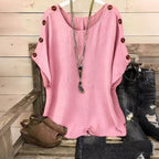 Women's Solid Color Round Neck Loose Button Design T-shirt